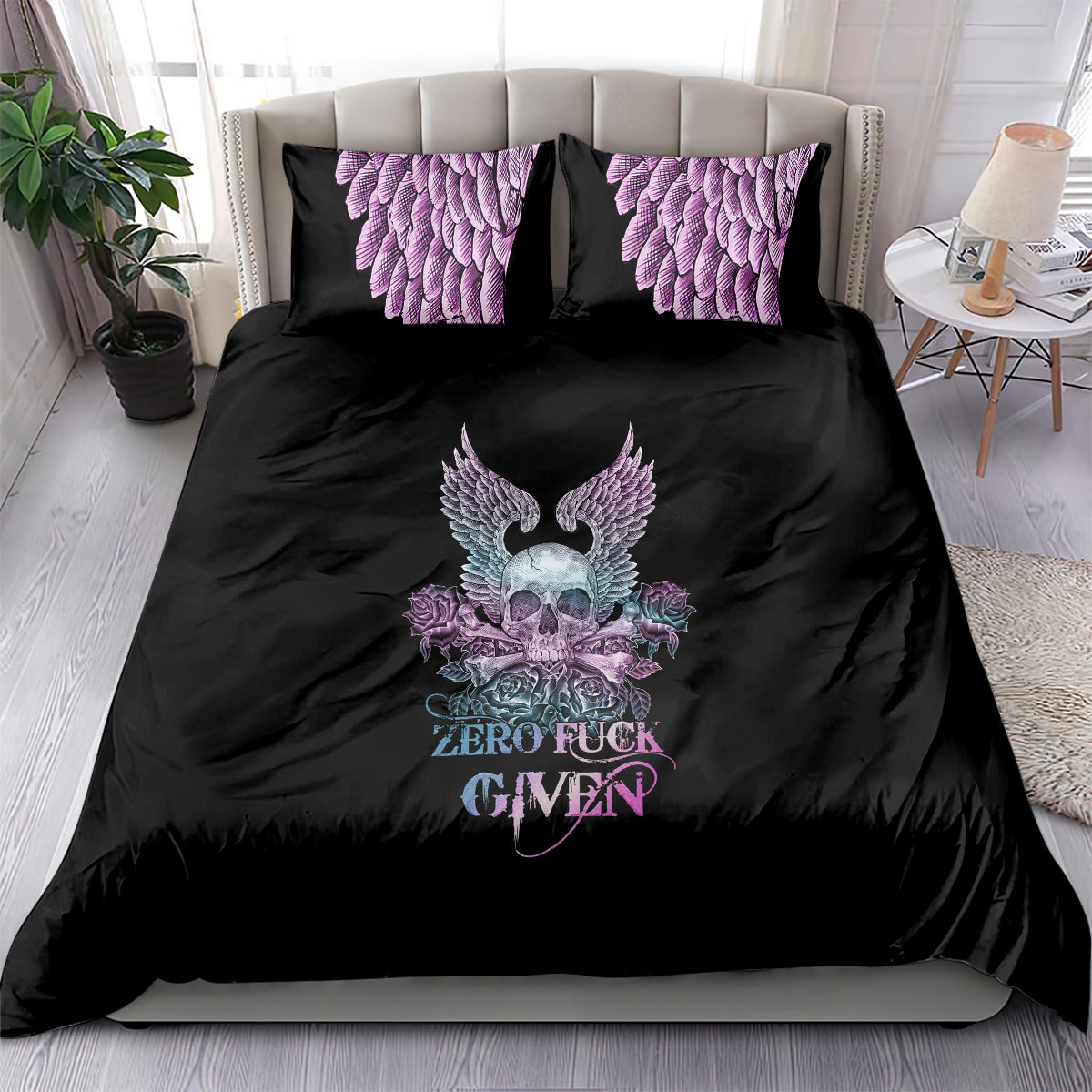 skull-wings-roses-zero-fuck-given-bedding-set