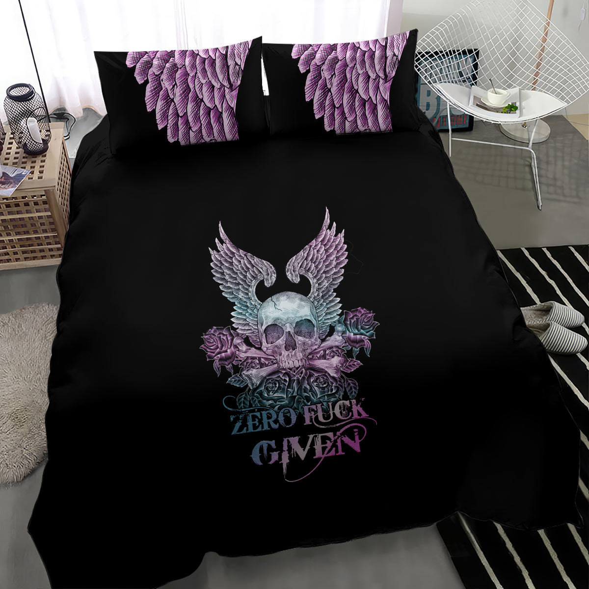 skull-wings-roses-zero-fuck-given-bedding-set