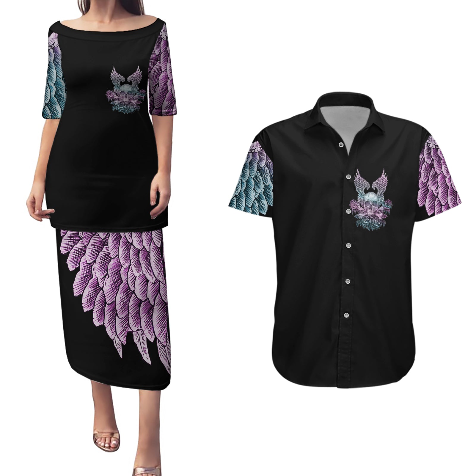 skull-wings-roses-zero-fuck-given-couples-matching-puletasi-dress-and-hawaiian-shirt
