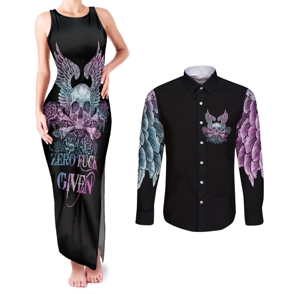 skull-wings-roses-zero-fuck-given-couples-matching-tank-maxi-dress-and-long-sleeve-button-shirt