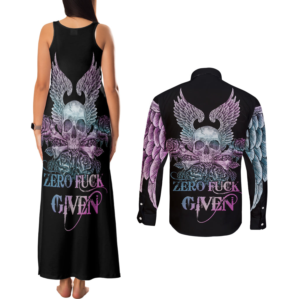skull-wings-roses-zero-fuck-given-couples-matching-tank-maxi-dress-and-long-sleeve-button-shirt