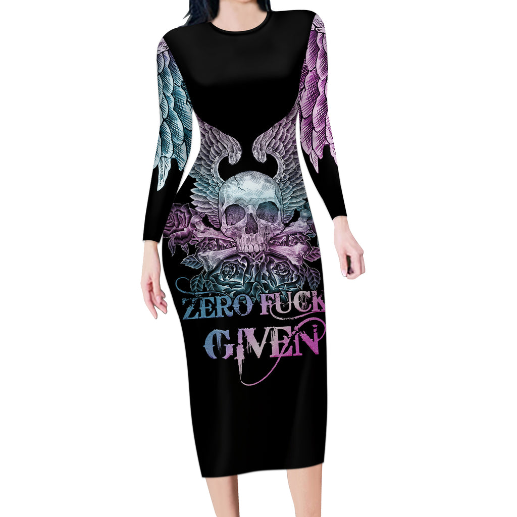 skull-wings-roses-zero-fuck-given-long-sleeve-bodycon-dress