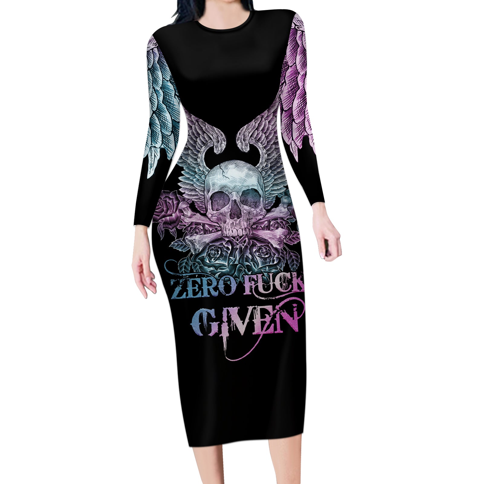 skull-wings-roses-zero-fuck-given-long-sleeve-bodycon-dress