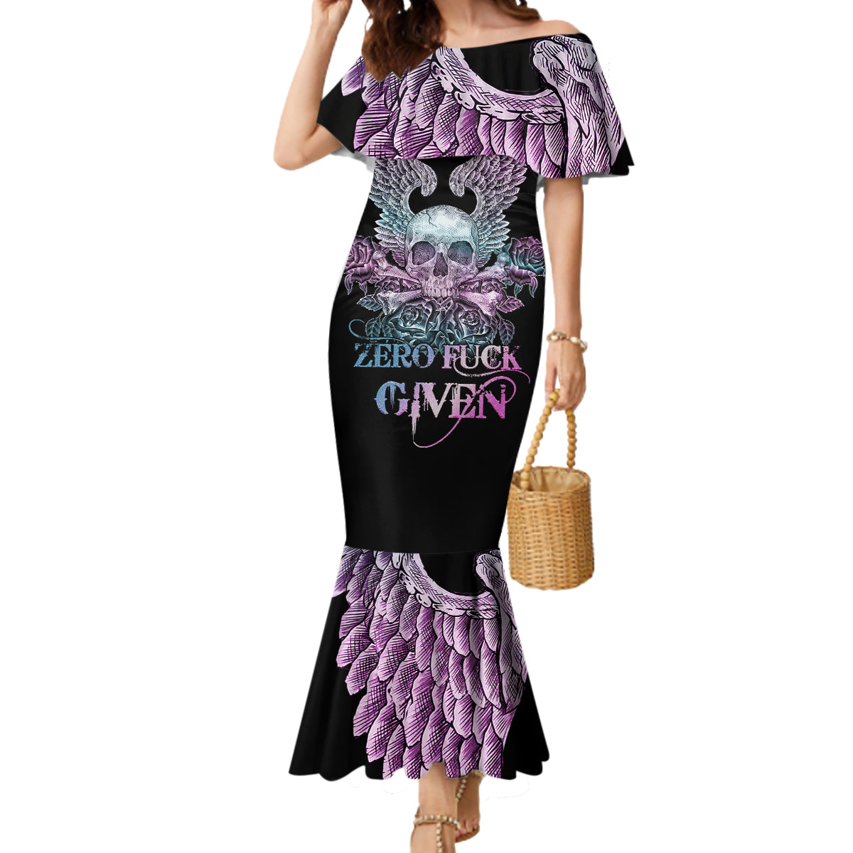 skull-wings-roses-zero-fuck-given-mermaid-dress