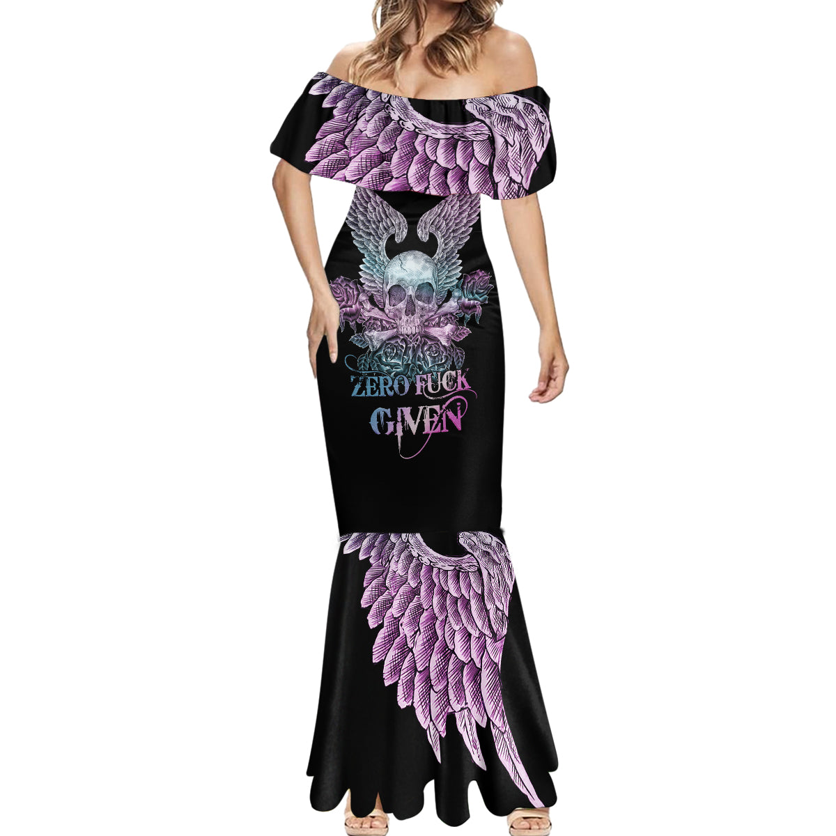 skull-wings-roses-zero-fuck-given-mermaid-dress