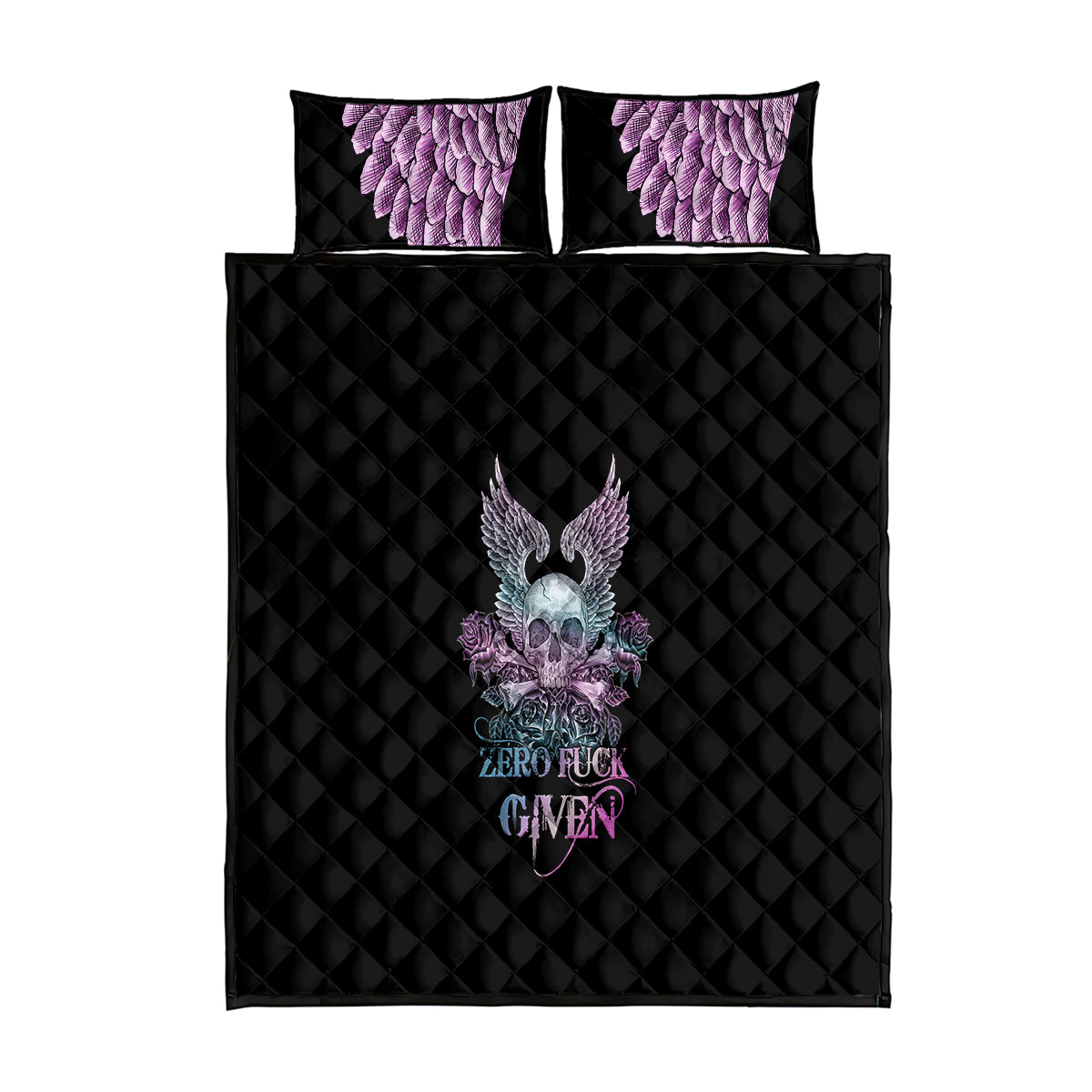 skull-wings-roses-zero-fuck-given-quilt-bed-set