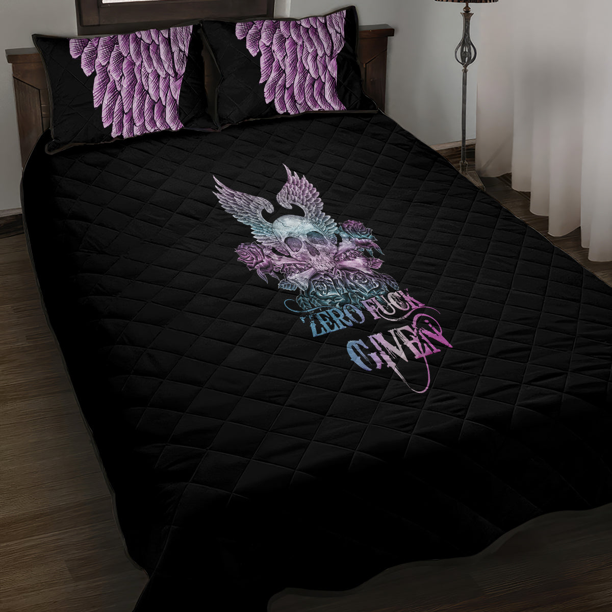 skull-wings-roses-zero-fuck-given-quilt-bed-set