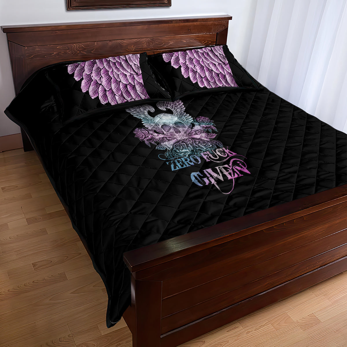 skull-wings-roses-zero-fuck-given-quilt-bed-set