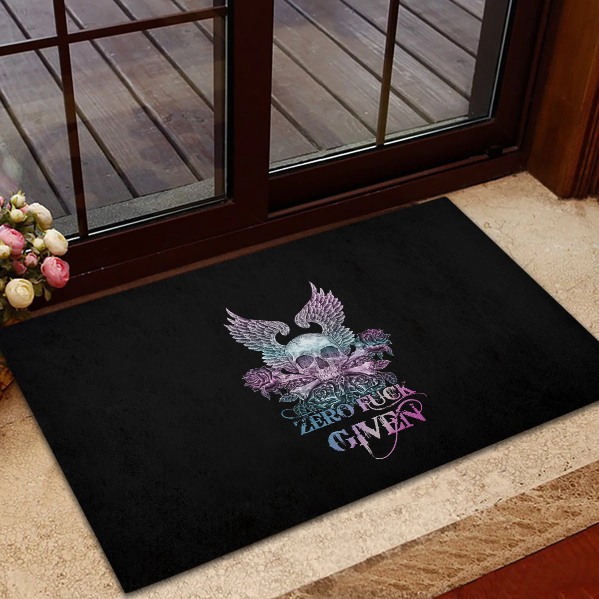 skull-wings-roses-zero-fuck-given-rubber-doormat