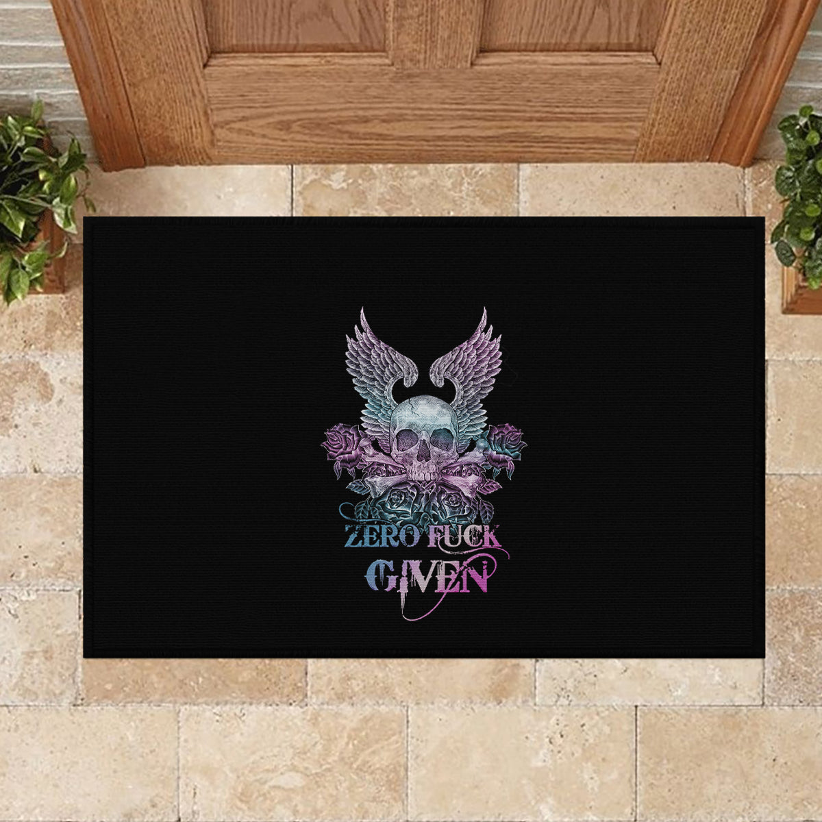 skull-wings-roses-zero-fuck-given-rubber-doormat