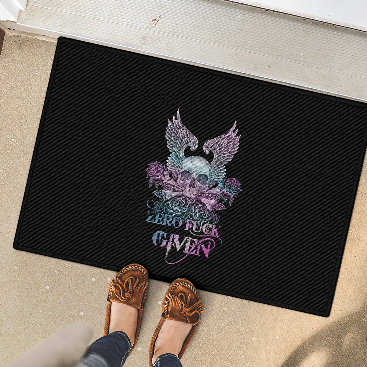skull-wings-roses-zero-fuck-given-rubber-doormat