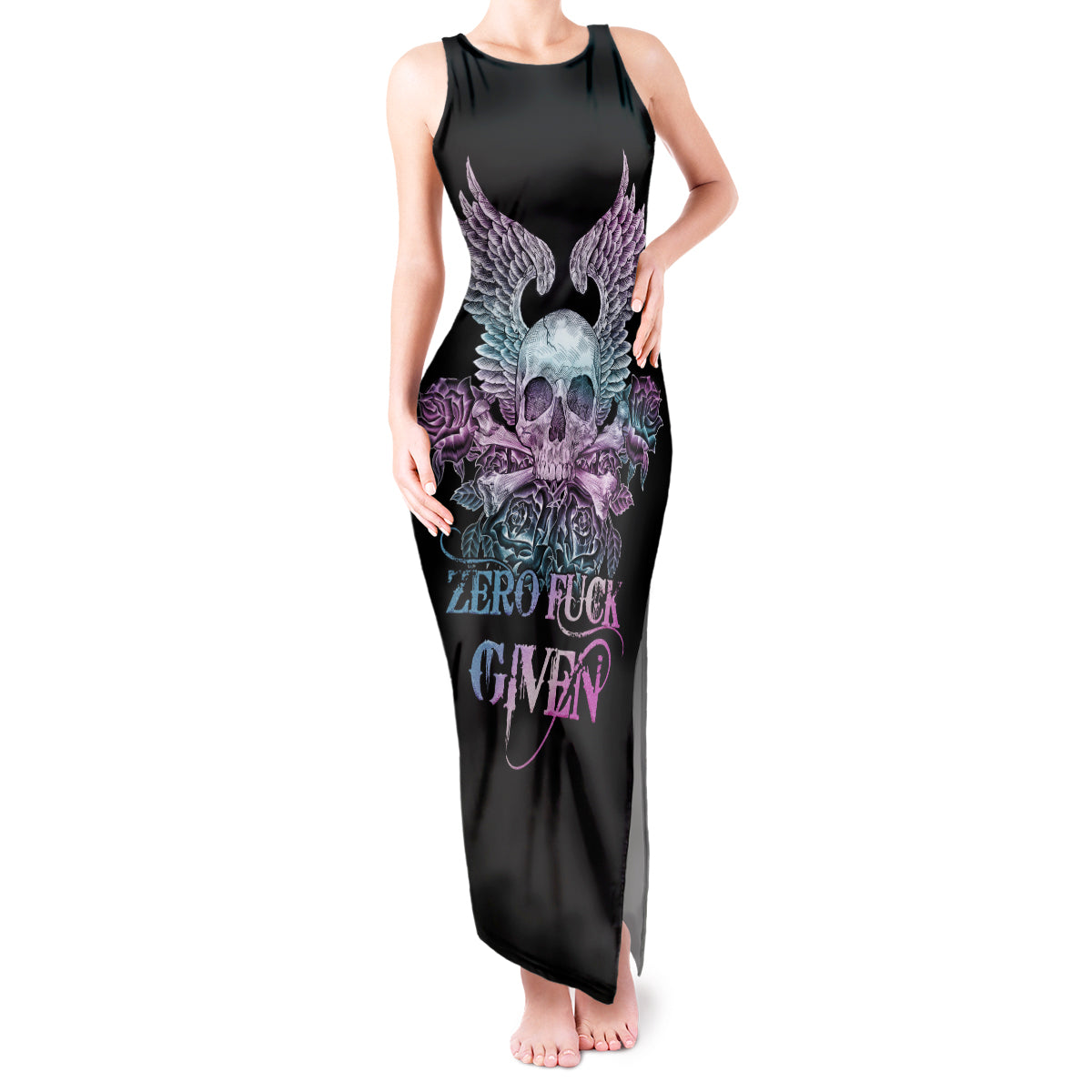 skull-wings-roses-zero-fuck-given-tank-maxi-dress