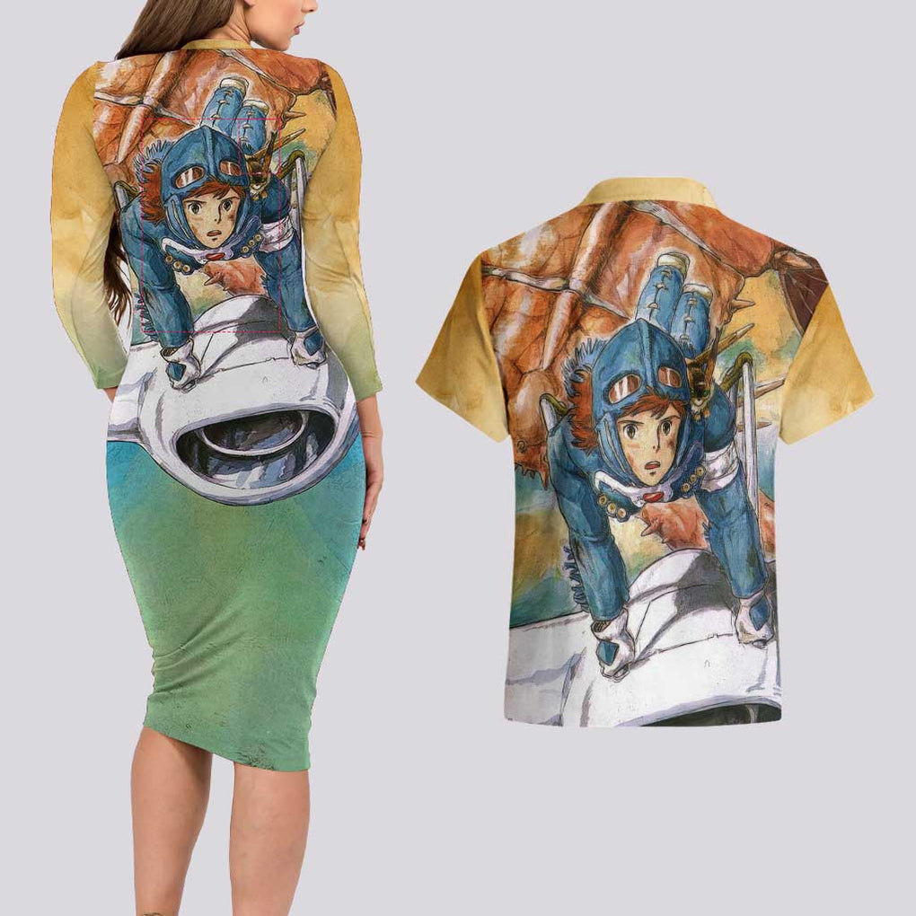 Trippy Nausicaa of the Valley of the Wind Studio Ghibli Couples Matching Long Sleeve Bodycon Dress and Hawaiian Shirt Trippy Style