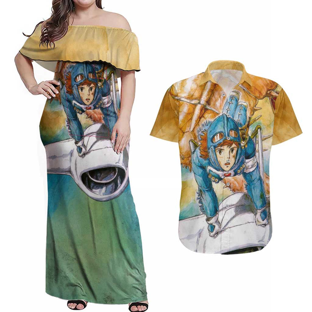 Trippy Nausicaa of the Valley of the Wind Studio Ghibli Couples Matching Off Shoulder Maxi Dress and Hawaiian Shirt Trippy Style