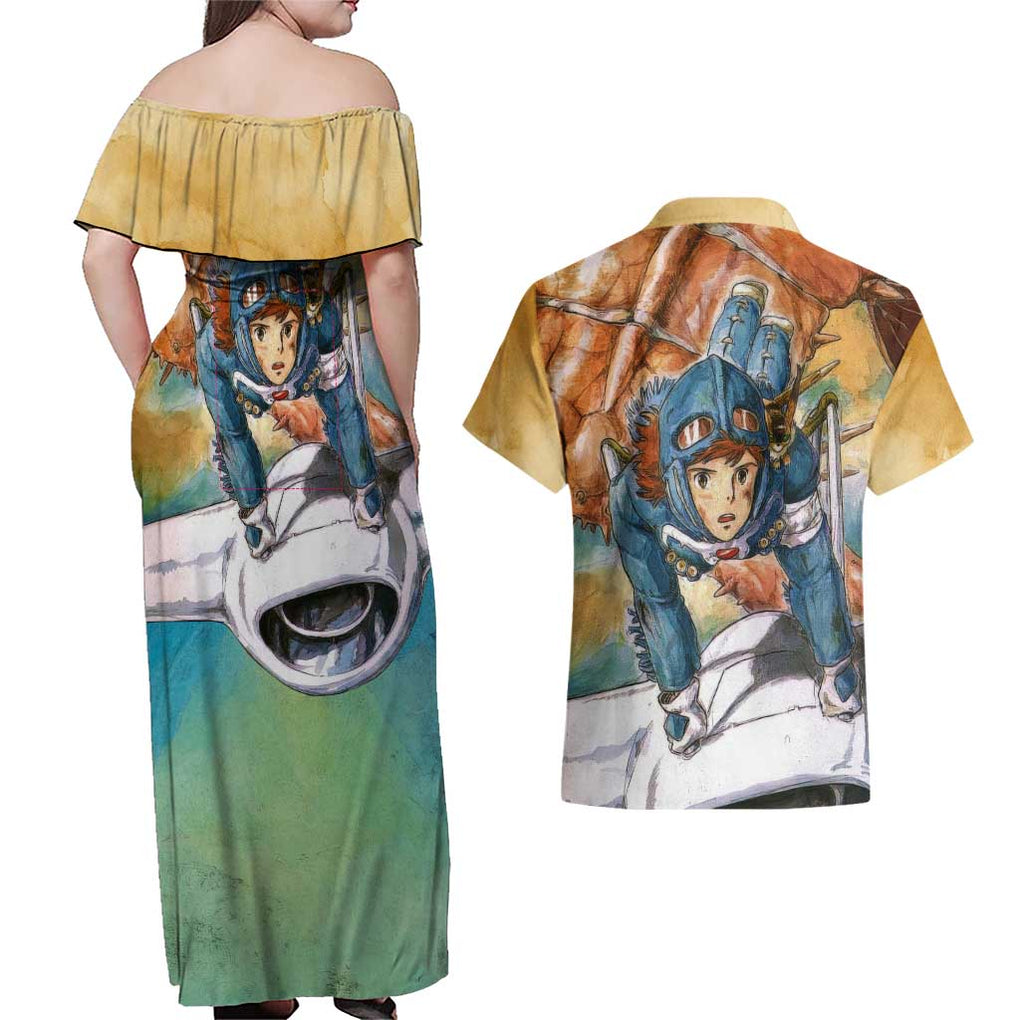 Trippy Nausicaa of the Valley of the Wind Studio Ghibli Couples Matching Off Shoulder Maxi Dress and Hawaiian Shirt Trippy Style
