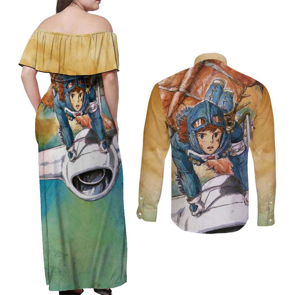 Trippy Nausicaa of the Valley of the Wind Studio Ghibli Couples Matching Off Shoulder Maxi Dress and Long Sleeve Button Shirt Trippy Style