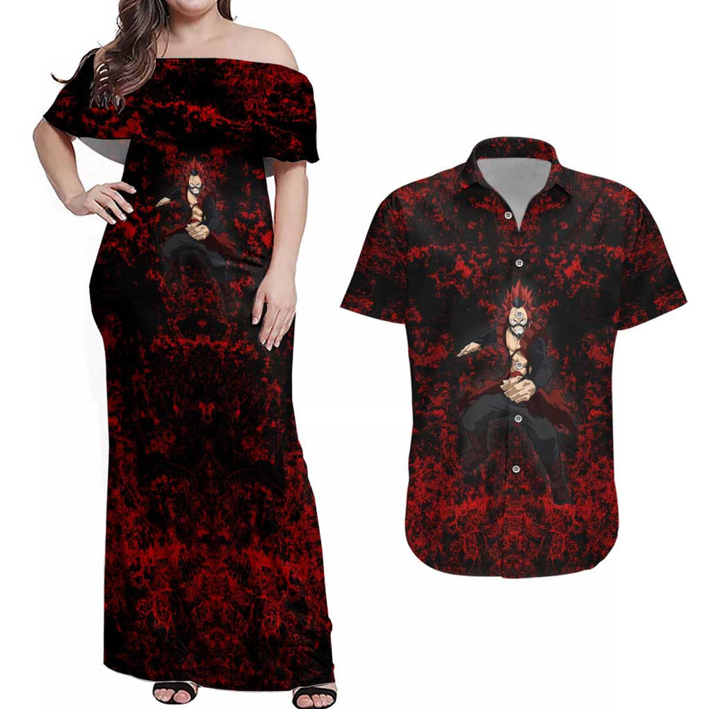 Red Riot Eijiro My Hero Academia Couples Matching Off Shoulder Maxi Dress and Hawaiian Shirt Blood Grunge Style