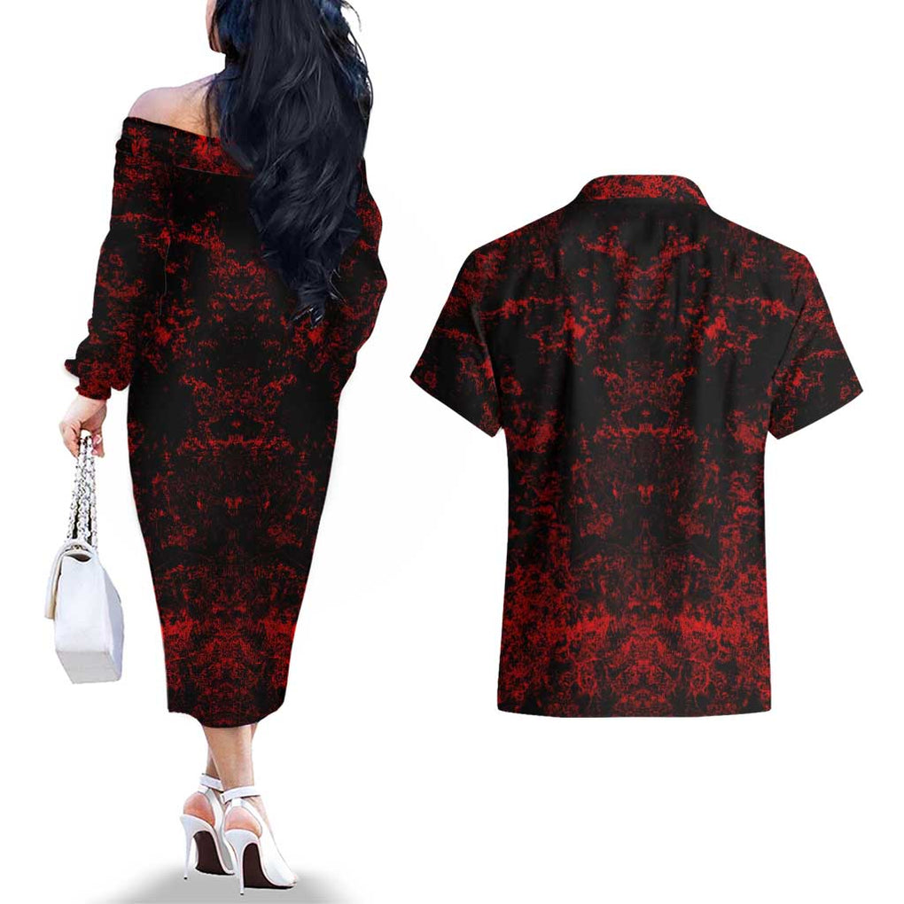 Red Riot Eijiro My Hero Academia Couples Matching Off The Shoulder Long Sleeve Dress and Hawaiian Shirt Blood Grunge Style
