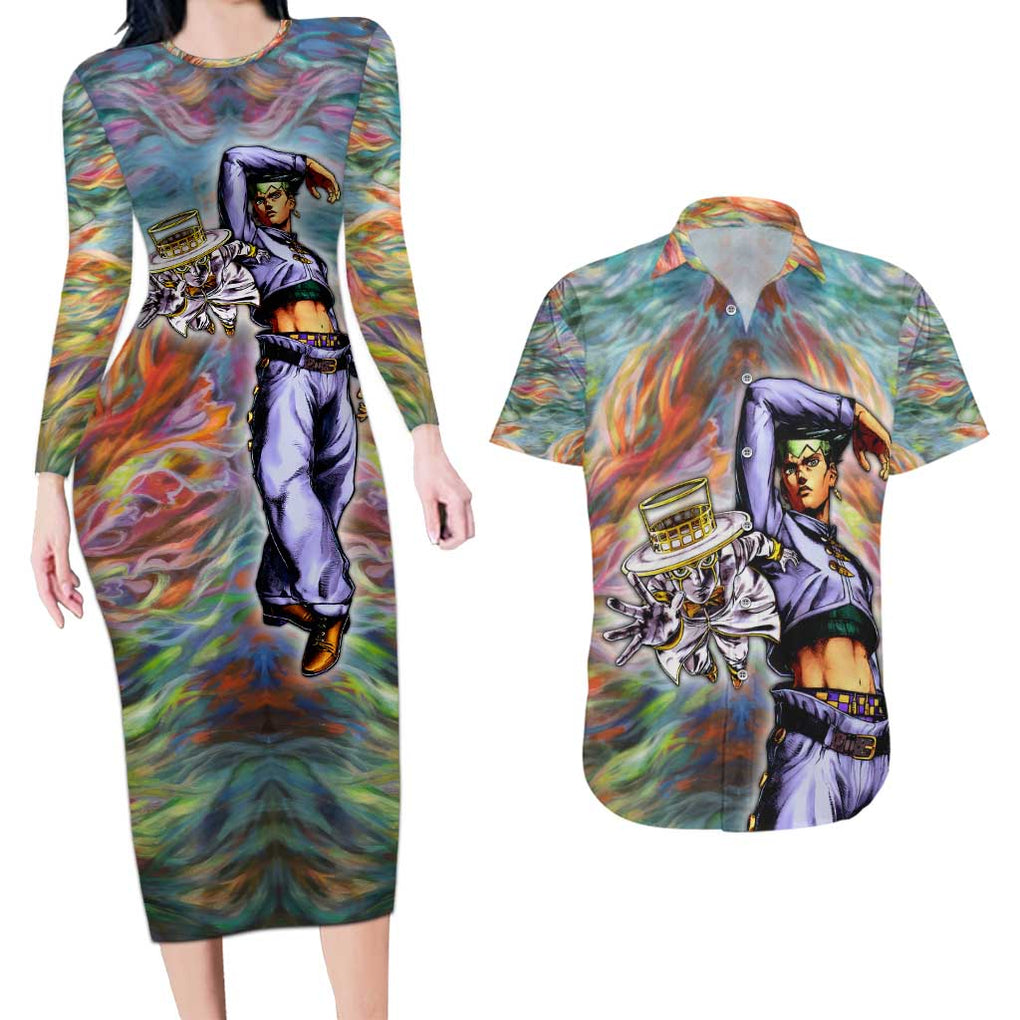 Trippy Rohan Kishibe Heaven’s Door Jojo’s Bizarre Couples Matching Long Sleeve Bodycon Dress and Hawaiian Shirt Trippy Style
