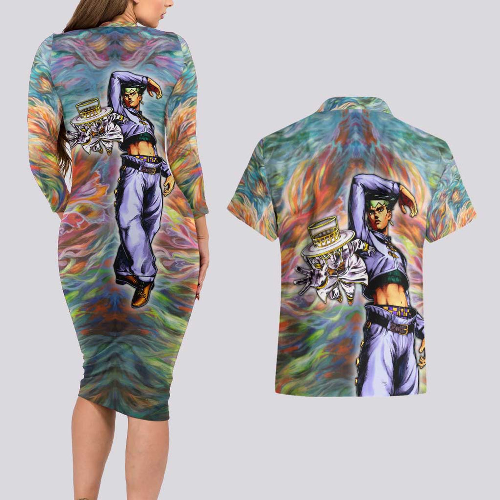 Trippy Rohan Kishibe Heaven’s Door Jojo’s Bizarre Couples Matching Long Sleeve Bodycon Dress and Hawaiian Shirt Trippy Style