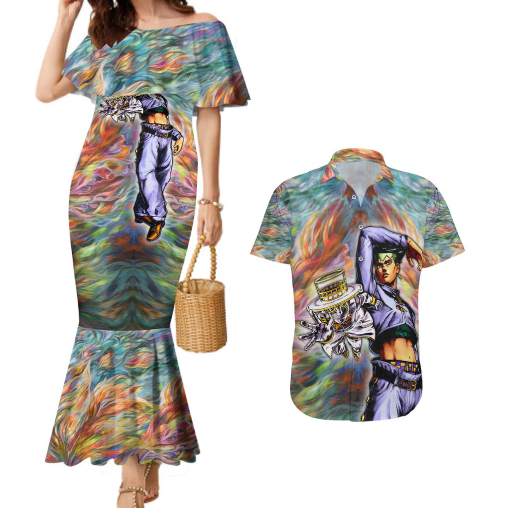 Trippy Rohan Kishibe Heaven’s Door Jojo’s Bizarre Couples Matching Mermaid Dress and Hawaiian Shirt Trippy Style