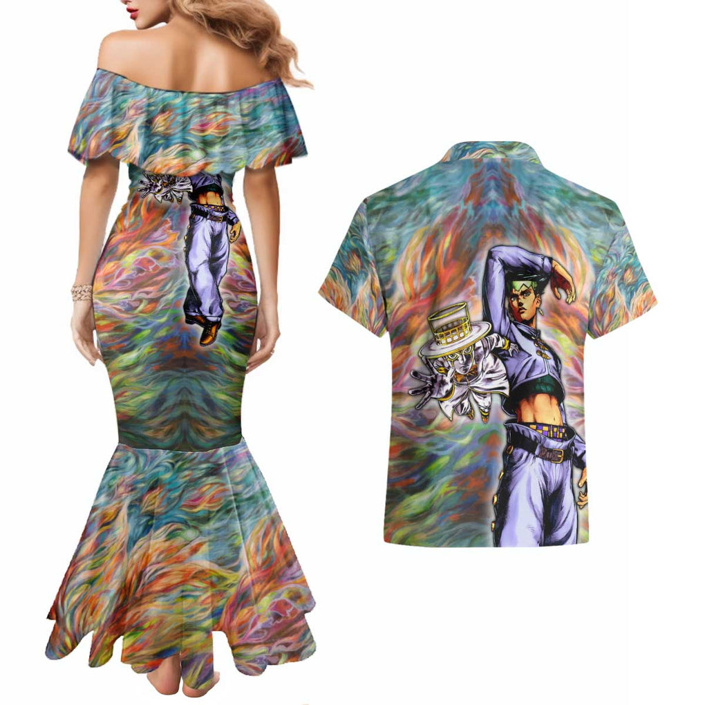 Trippy Rohan Kishibe Heaven’s Door Jojo’s Bizarre Couples Matching Mermaid Dress and Hawaiian Shirt Trippy Style