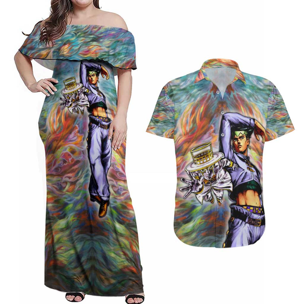 Trippy Rohan Kishibe Heaven’s Door Jojo’s Bizarre Couples Matching Off Shoulder Maxi Dress and Hawaiian Shirt Trippy Style