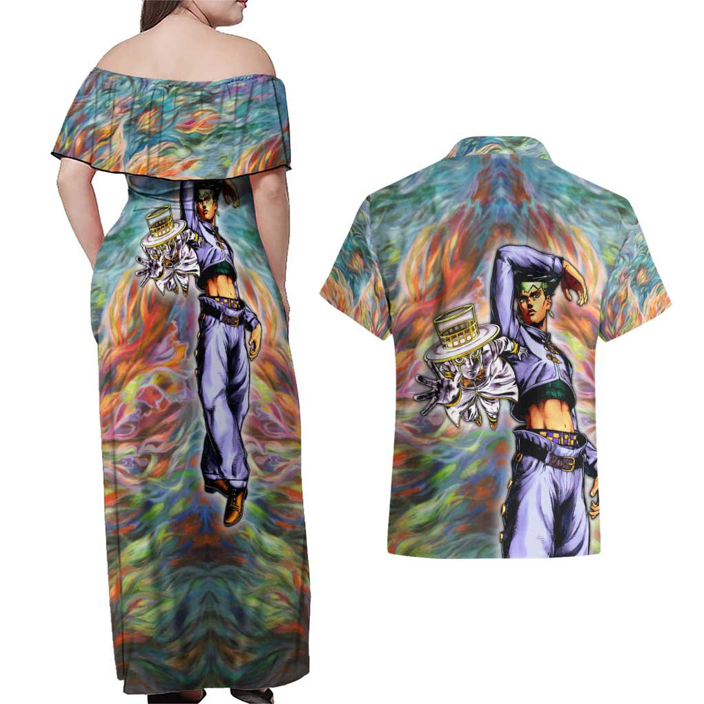 Trippy Rohan Kishibe Heaven’s Door Jojo’s Bizarre Couples Matching Off Shoulder Maxi Dress and Hawaiian Shirt Trippy Style