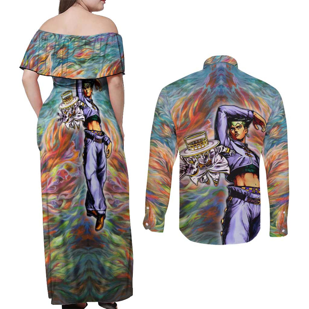 Trippy Rohan Kishibe Heaven’s Door Jojo’s Bizarre Couples Matching Off Shoulder Maxi Dress and Long Sleeve Button Shirt Trippy Style