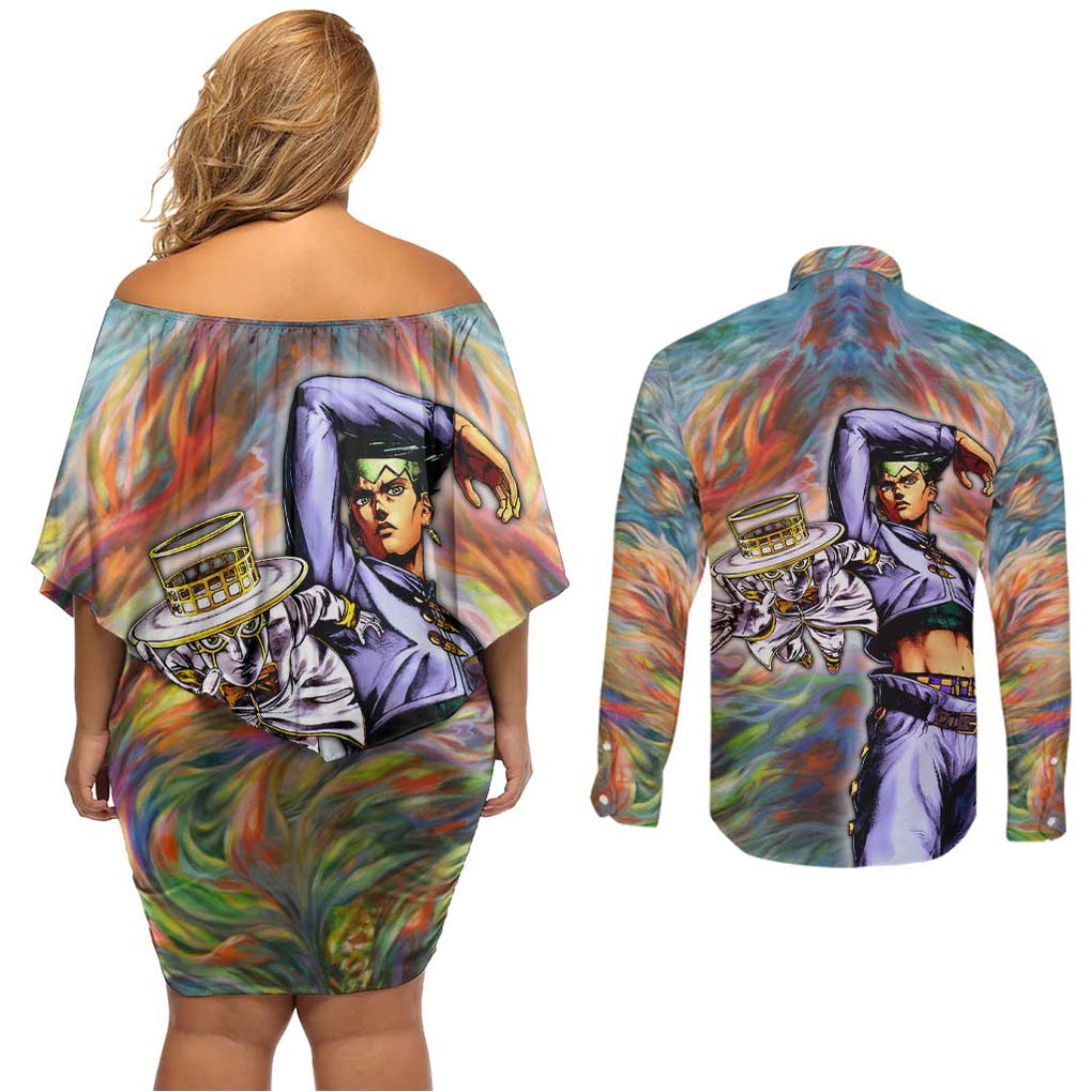 Trippy Rohan Kishibe Heaven’s Door Jojo’s Bizarre Couples Matching Off Shoulder Short Dress and Long Sleeve Button Shirt Trippy Style