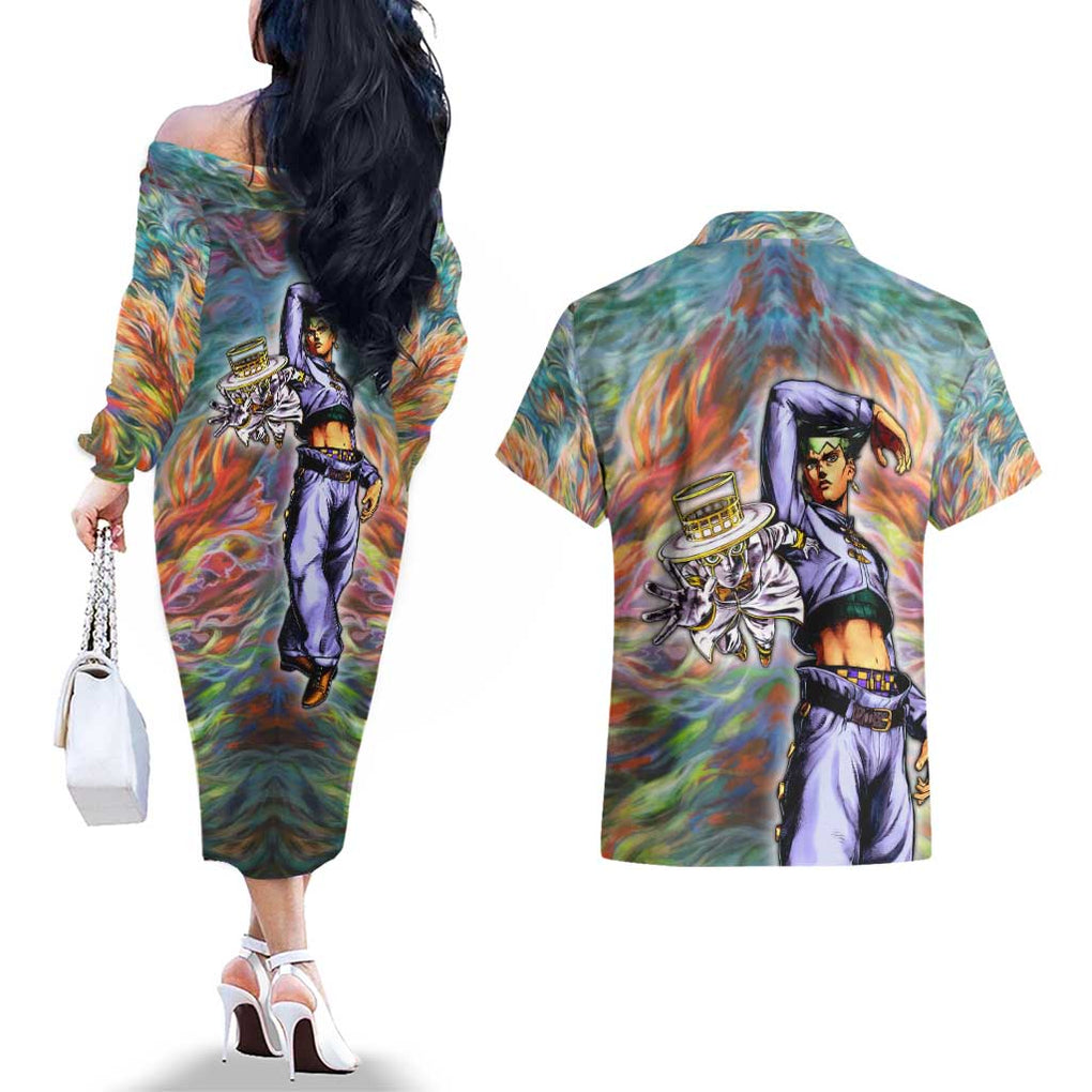 Trippy Rohan Kishibe Heaven’s Door Jojo’s Bizarre Couples Matching Off The Shoulder Long Sleeve Dress and Hawaiian Shirt Trippy Style