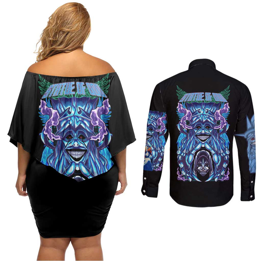 Statue of God - Solo Leveling Couples Matching Off Shoulder Short Dress and Long Sleeve Button Shirt Japan Anime Style