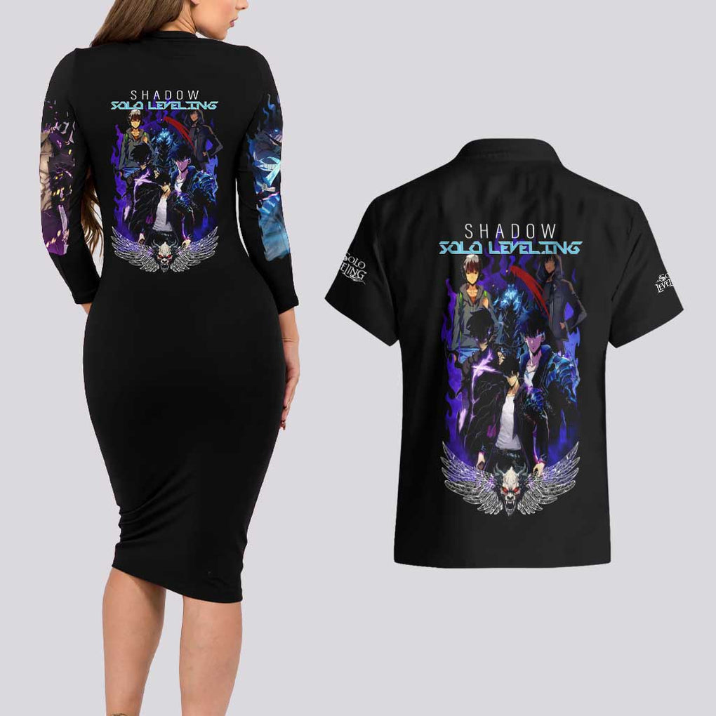 Sung Jin Woo V2 Solo Leveling Couples Matching Long Sleeve Bodycon Dress and Hawaiian Shirt Anime Style