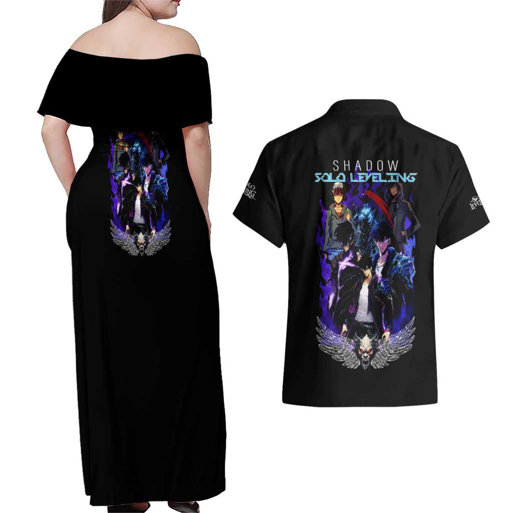 Sung Jin Woo V2 Solo Leveling Couples Matching Off Shoulder Maxi Dress and Hawaiian Shirt Anime Style