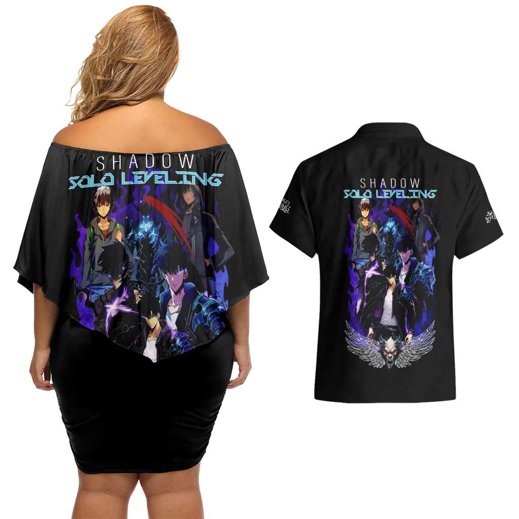 Sung Jin Woo V2 Solo Leveling Couples Matching Off Shoulder Short Dress and Hawaiian Shirt Anime Style