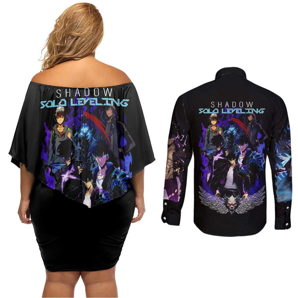 Sung Jin Woo V2 Solo Leveling Couples Matching Off Shoulder Short Dress and Long Sleeve Button Shirt Anime Style