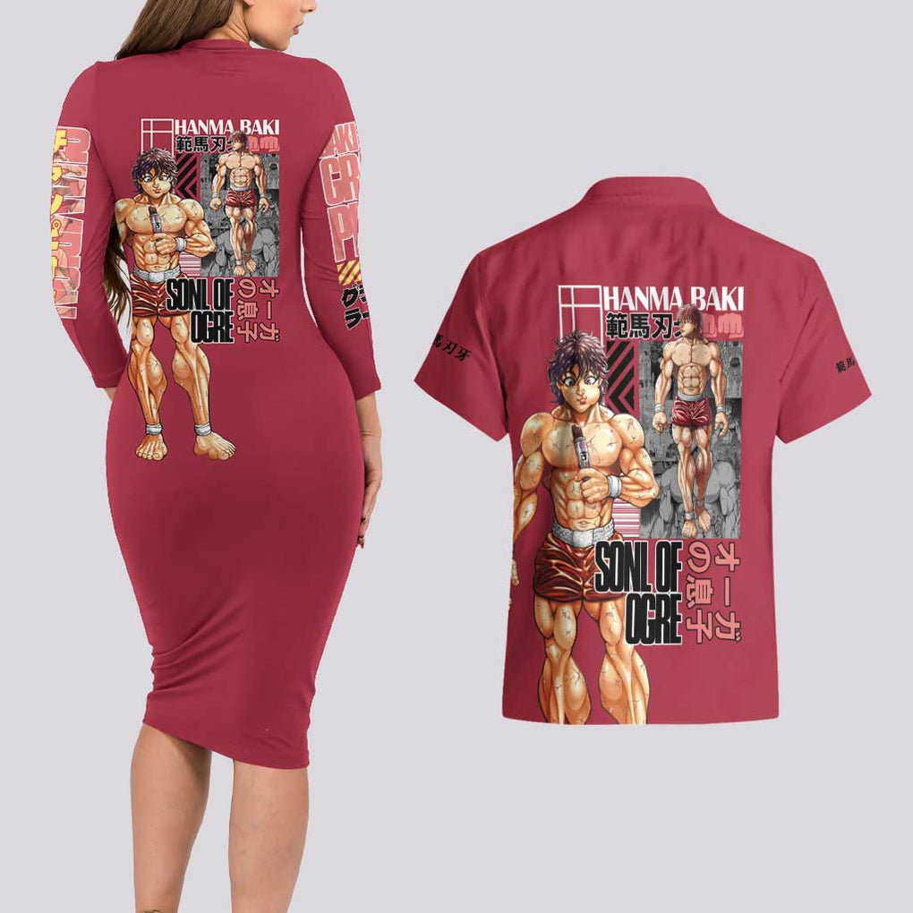 Baki Hanma Baki Couples Matching Long Sleeve Bodycon Dress and Hawaiian Shirt Anime Style