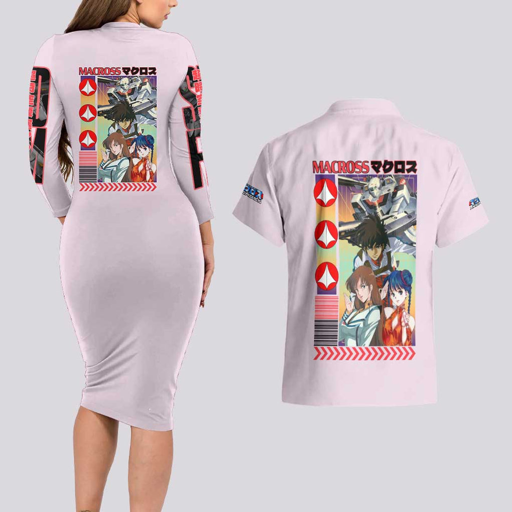 Super Dimension Fortress Macross Couples Matching Long Sleeve Bodycon Dress and Hawaiian Shirt Anime Style