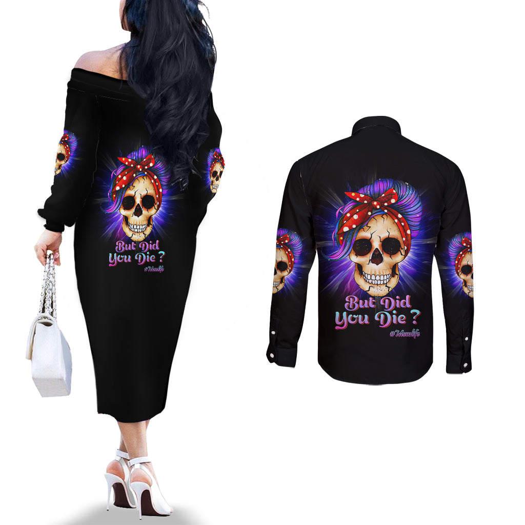 but-did-you-die-mom-life-purple-messy-bun-couples-matching-off-the-shoulder-long-sleeve-dress-and-long-sleeve-button-shirt