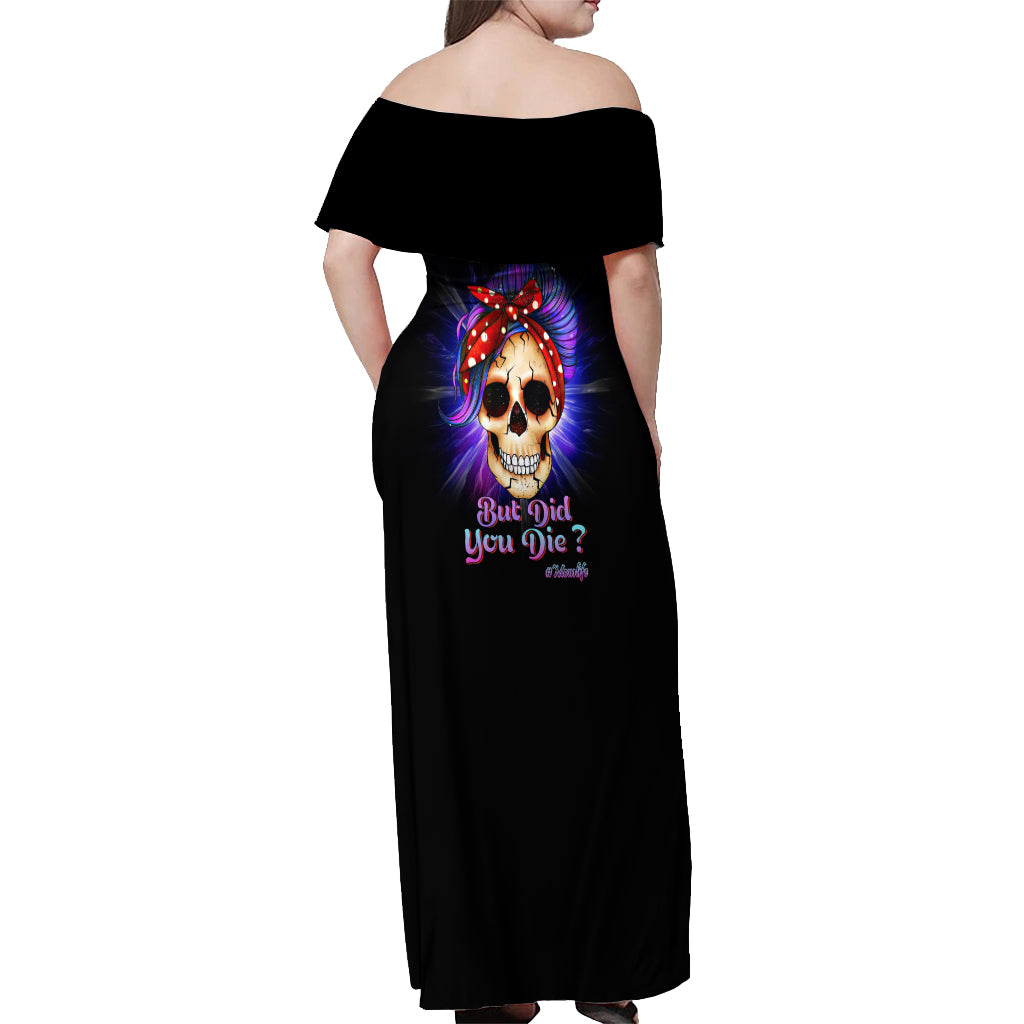 but-did-you-die-mom-life-purple-messy-bun-off-shoulder-maxi-dress