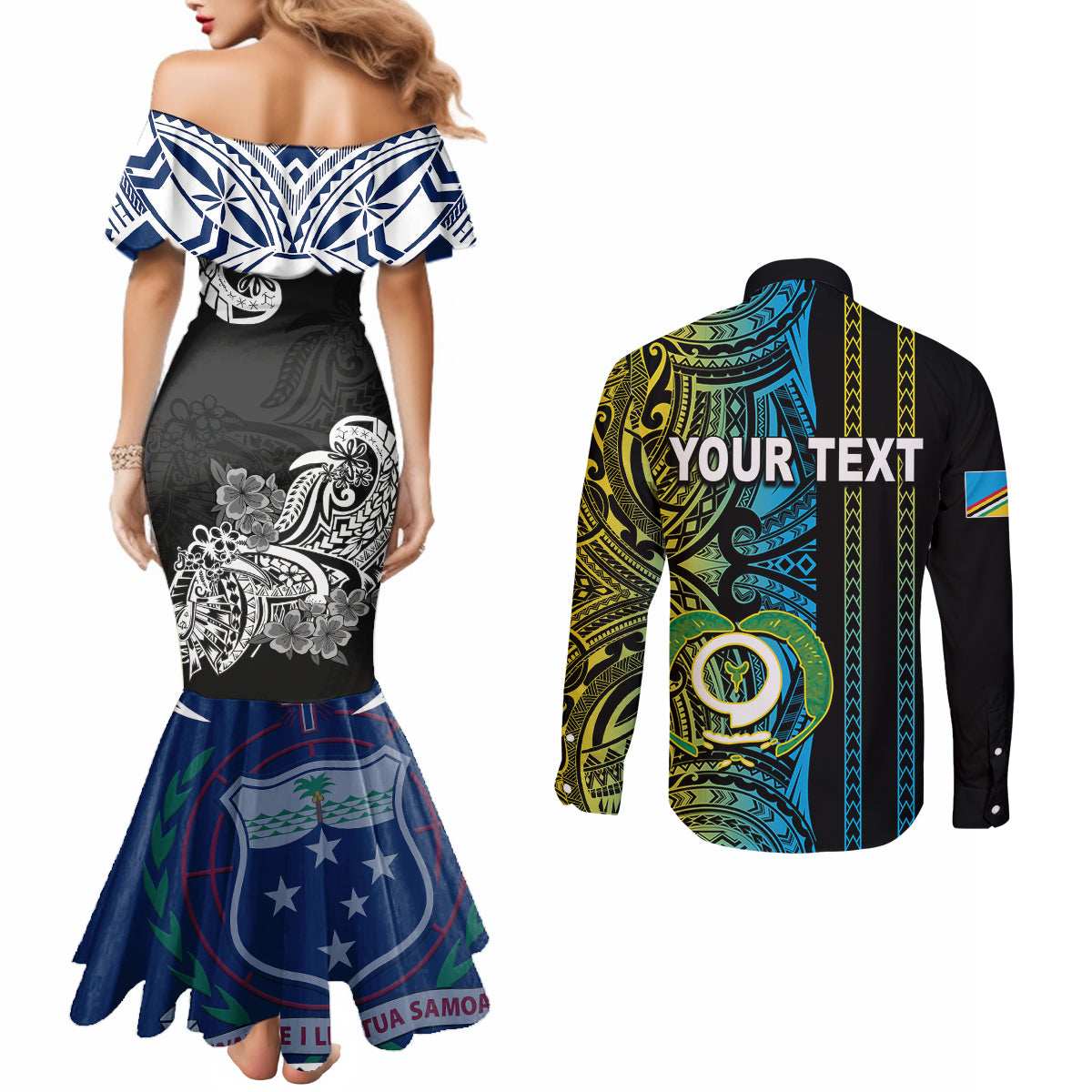 warning-kinda-crazy-messy-bun-skull-couples-matching-mermaid-dress-and-long-sleeve-button-shirt