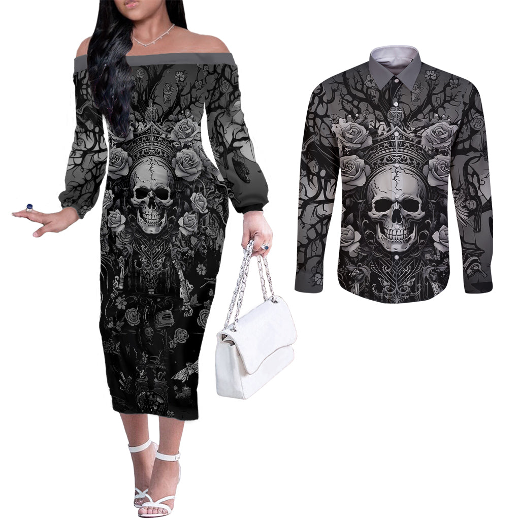 warning-kinda-crazy-messy-bun-skull-couples-matching-off-the-shoulder-long-sleeve-dress-and-long-sleeve-button-shirt