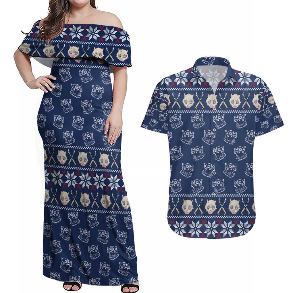 Inosuke - Demon Slayer Couples Matching Off Shoulder Maxi Dress and Hawaiian Shirt Anime Mix Christmas Style