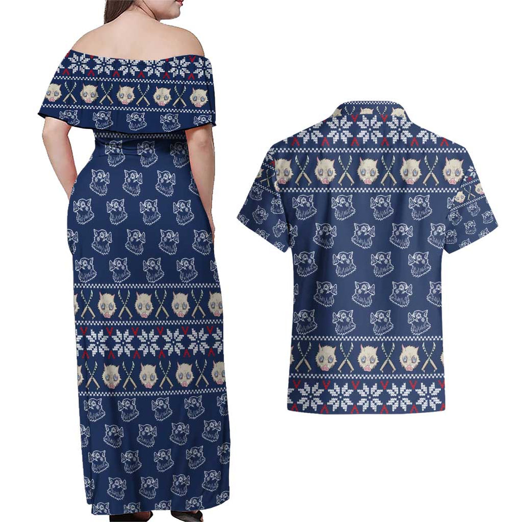 Inosuke - Demon Slayer Couples Matching Off Shoulder Maxi Dress and Hawaiian Shirt Anime Mix Christmas Style