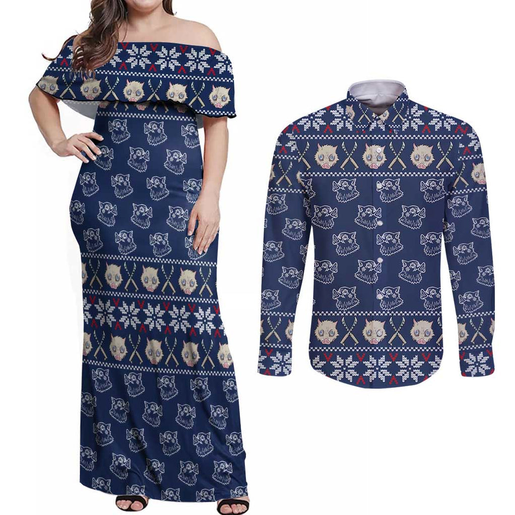 Inosuke - Demon Slayer Couples Matching Off Shoulder Maxi Dress and Long Sleeve Button Shirt Anime Mix Christmas Style