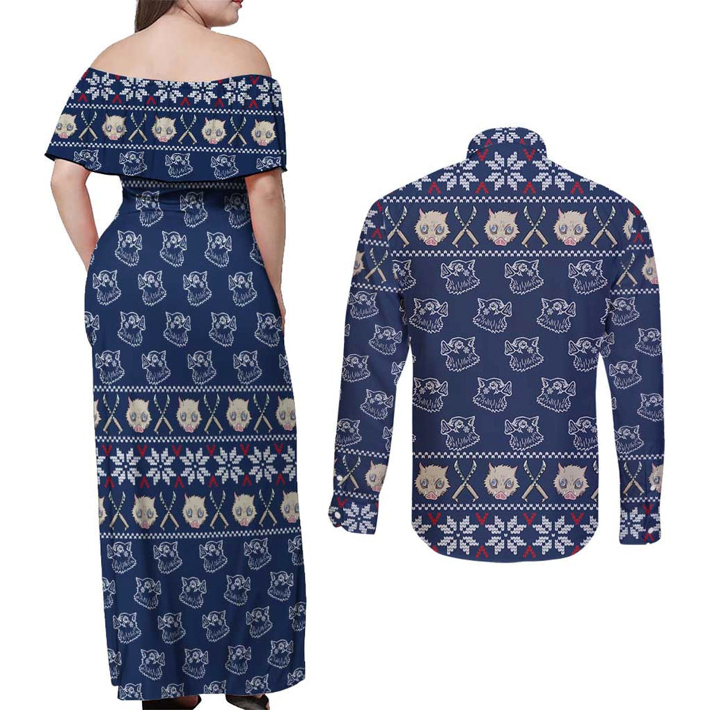 Inosuke - Demon Slayer Couples Matching Off Shoulder Maxi Dress and Long Sleeve Button Shirt Anime Mix Christmas Style
