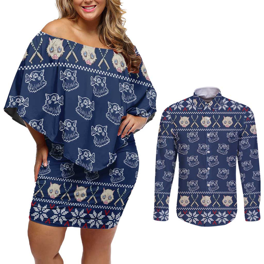 Inosuke - Demon Slayer Couples Matching Off Shoulder Short Dress and Long Sleeve Button Shirt Anime Mix Christmas Style