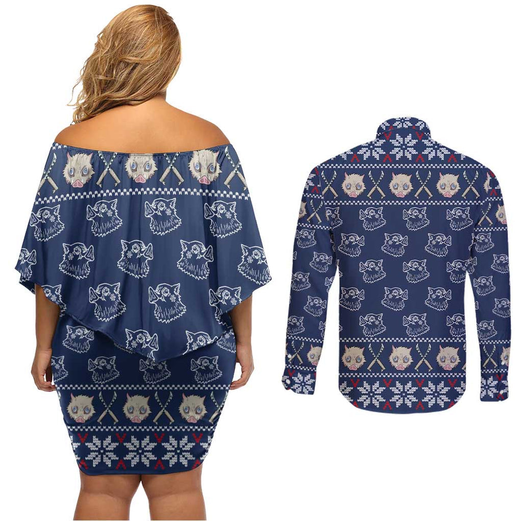Inosuke - Demon Slayer Couples Matching Off Shoulder Short Dress and Long Sleeve Button Shirt Anime Mix Christmas Style