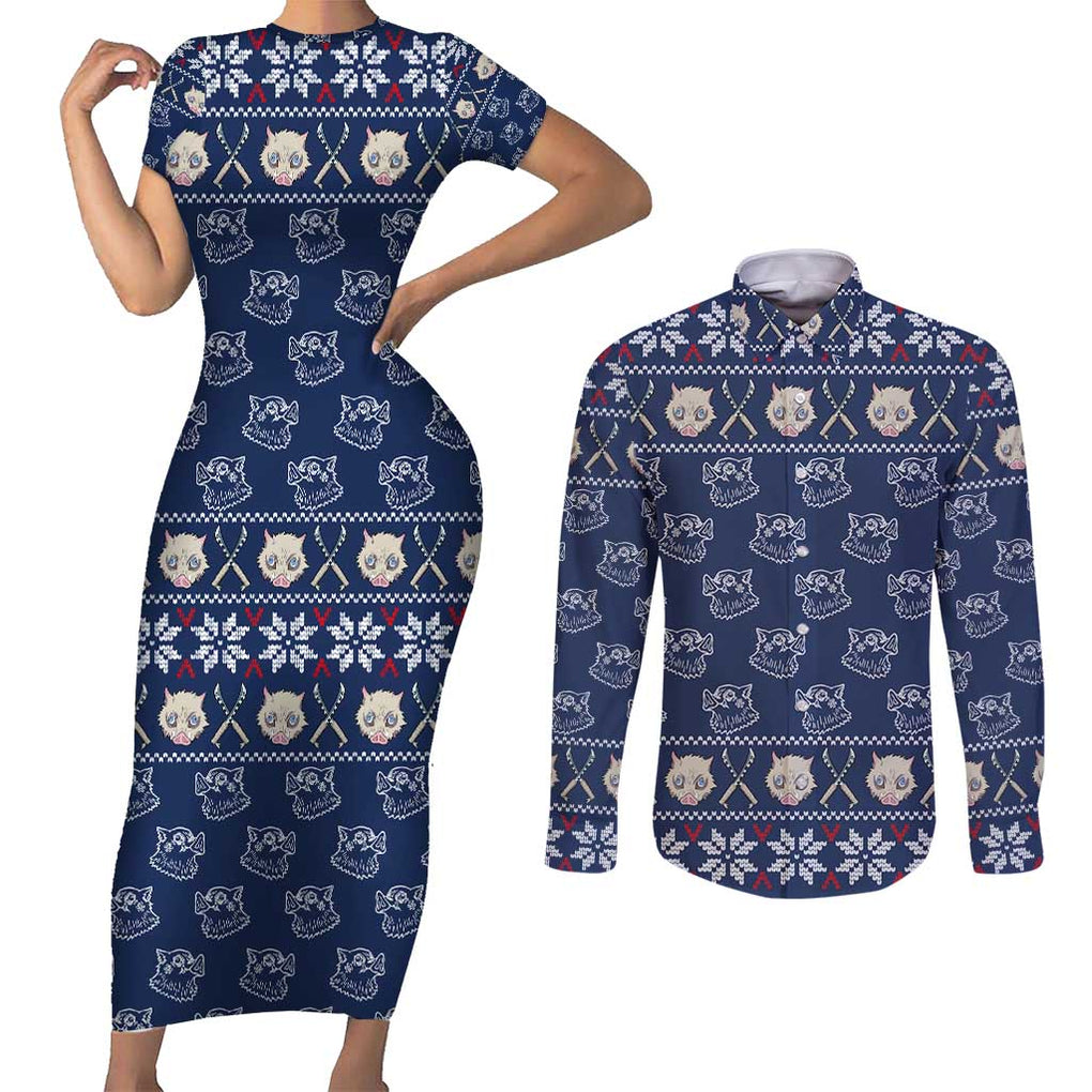 Inosuke - Demon Slayer Couples Matching Short Sleeve Bodycon Dress and Long Sleeve Button Shirt Anime Mix Christmas Style