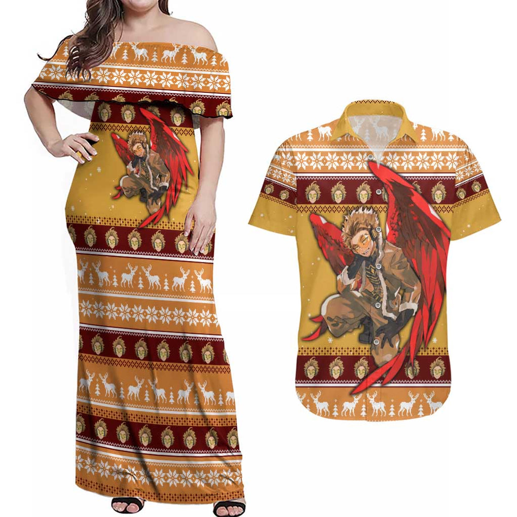 Hawks - My Hero Academia Couples Matching Off Shoulder Maxi Dress and Hawaiian Shirt Anime Mix Christmas Style